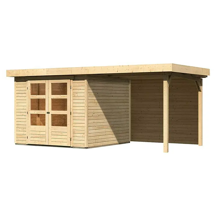 Karibu Gartenhaus Askola 3,5 - Außenmaß inkl. Dachüberstand (B x T): 491 x 262 cm, Holz, Natur, Mit Seitendach und Rückwand - Ein geräumiger Holzschuppen mit Doppeltür und einem seitlichen Unterstand bietet viel Stauraum und Schutz vor Wettereinflüssen.