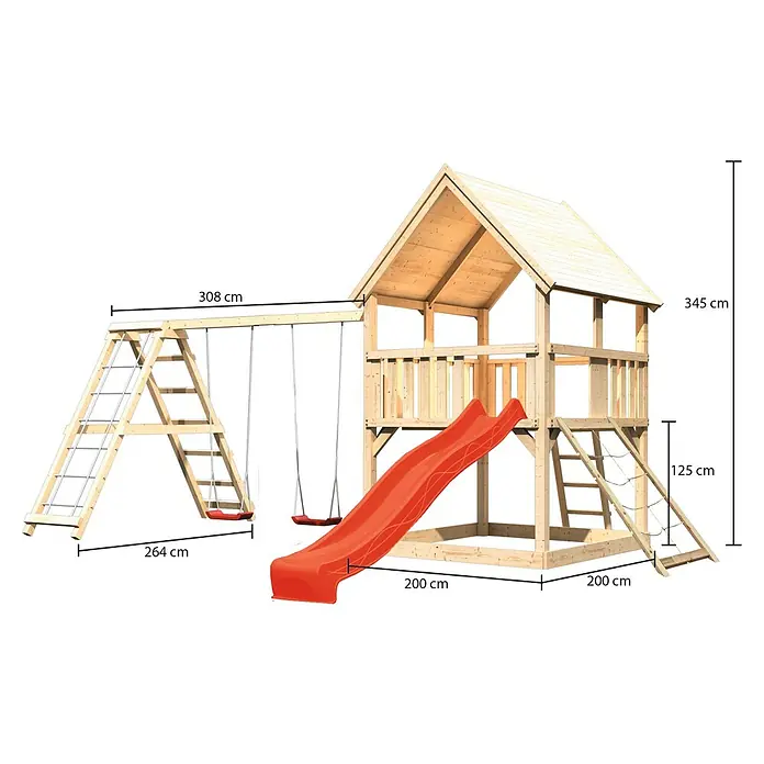 Karibu Kinderspielturm Luis Set 23 - L x B x H: 264 x 508 x 345 cm, Natur/Rot - Abbildung eines Holzspielhauses mit Schaukel und Rutsche. Das Spielhaus hat eine Gesamthöhe von 345 cm und eine Breite von 308 cm.