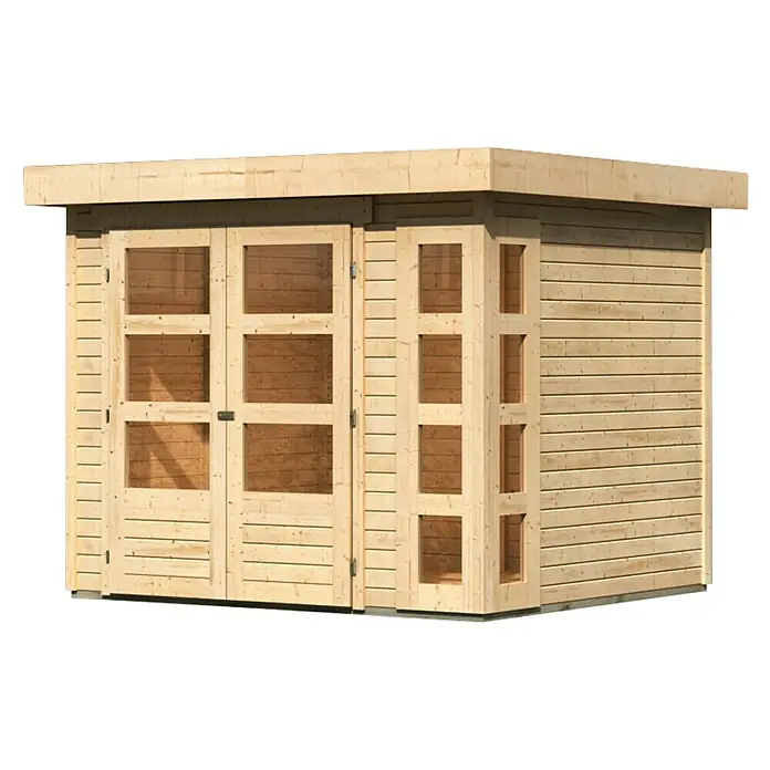 Karibu Gartenhaus Kerko 3 - Außenmaß inkl. Dachüberstand (B x T): 266 x 238 cm, Holz, Natur - Holzschuppen mit Doppeltür und Seitenfenster, ideal für die Gartenaufbewahrung, bietet viel Platz und Licht.