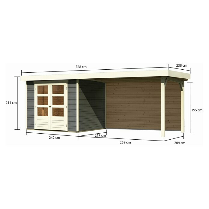 Karibu Gartenhaus Askola 3 (Außenmaß inkl. Dachüberstand (B x T): 528,5 x 238 cm, Holz, Terragrau, Mit Seitendach und Rückwand) | BAUHAUS