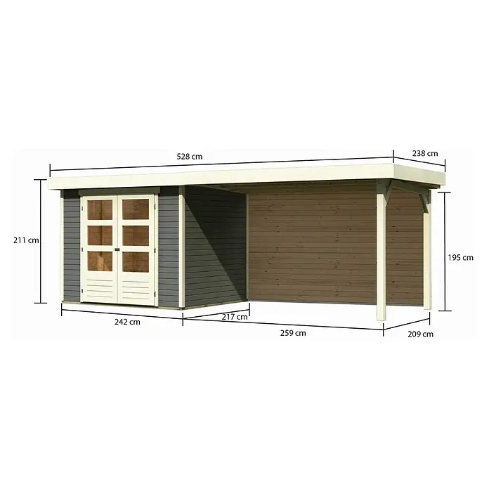 Karibu Gartenhaus Askola 3 - Außenmaß inkl. Dachüberstand (B x T): 528,5 x 238 cm, Holz, Terragrau, Mit Seitendach und Rückwand - Ansicht eines Gartenhauses mit Anbau und Maßangaben zu Höhe, Breite und Tiefe in Zentimetern.
