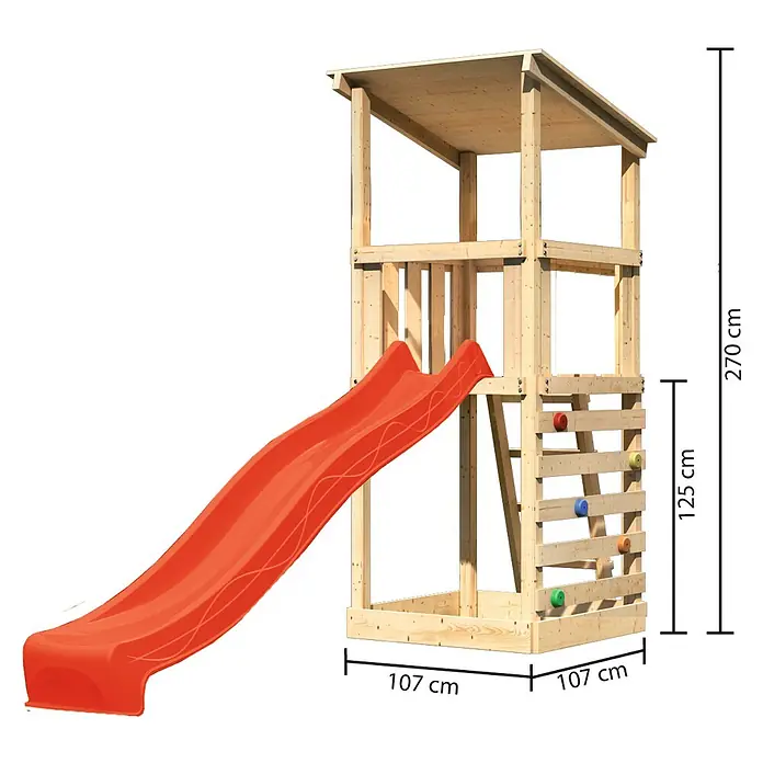 Karibu Kinderspielturm Anna Set 18 - L x B x H: 107 x 107 x 270 cm, Natur - Holzspielturm mit Rutsche und Kletterwand. Das Spielgerät bietet Spaß und fördert die motorischen Fähigkeiten der Kinder.