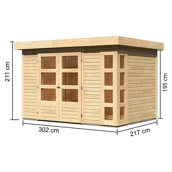 Karibu Gartenhaus Kerko 4 - Außenmaß inkl. Dachüberstand (B x T): 330 x 238 cm, Holz, Natur - Abbildung eines Holzschuppens mit den Maßen 302 cm x 217 cm, Höhe 211 cm vorne und 195 cm hinten.