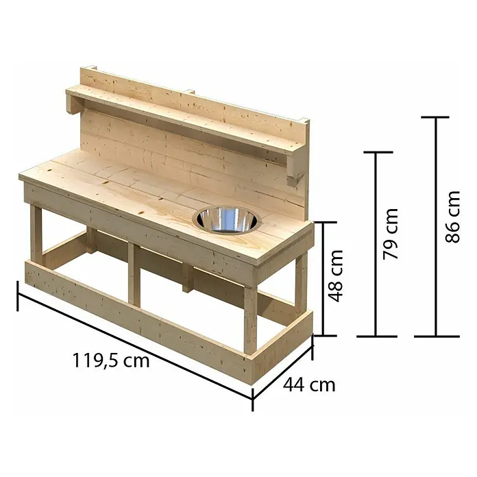 Karibu Matschküche Sandy - 44 x 119,5 x 79 cm, Holz, Natur - Abbildung einer hölzernen Outdoor-Spielküche mit Spüle und den zugehörigen Maßen für Länge, Breite und Höhe.