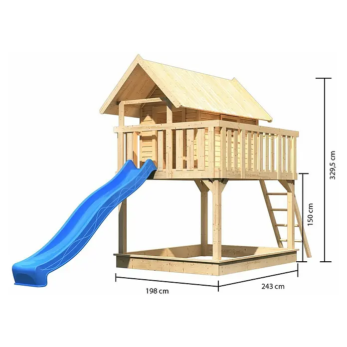 Karibu Kinderspielturm Fidel Set 3 - L x B x H: 243 x 198 x 329,5 cm, Natur/Blau - Das Bild zeigt ein hölzernes Spielhaus mit Rutsche, Leiter und Sandkasten. Die Maße sind angegeben, um eine Vorstellung von der Größe zu vermitteln.
