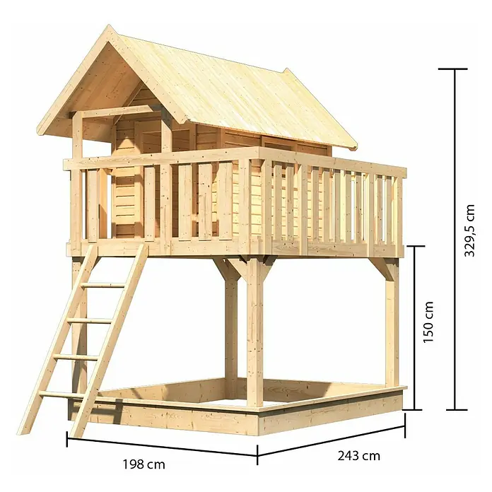 Karibu Kinderspielturm Fidel Set 1 - L x B x H: 243 x 198 x 329,5 cm, Natur - Abbildung eines hölzernen Spielhauses mit Sandkasten und Maßen. Perfekt für Kinder zum Spielen im Garten.