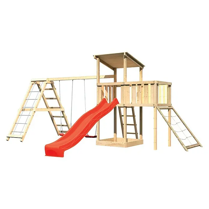 Karibu Kinderspielturm Anna Set 50 - L x B x H: 264 x 522 x 270 cm, Natur - Detailansicht eines vielseitigen Holzspielturms mit Rutsche, Schaukel und Klettergerüst.