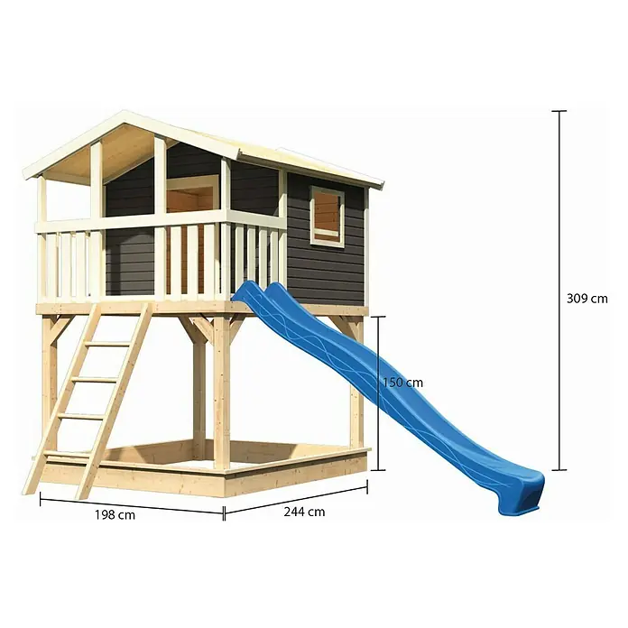 Karibu Spielhaus Benjamin Set 5 - L x B x H: 244 cm x 198 mm x 309 cm, Holz, Terragrau - Abbildung eines Spielhauses aus Holz mit Rutsche, Leiter und Sandkasten. Die Maße des Spielhauses sind angegeben.