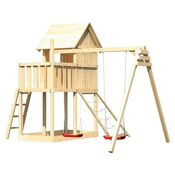 Karibu Kinderspielturm Frieda Set 21 - L x B x H: 264 x 347 x 291 cm, Natur - Holzspielplatz mit Schaukel und Spielhaus für Kinder zum Austoben im Garten.