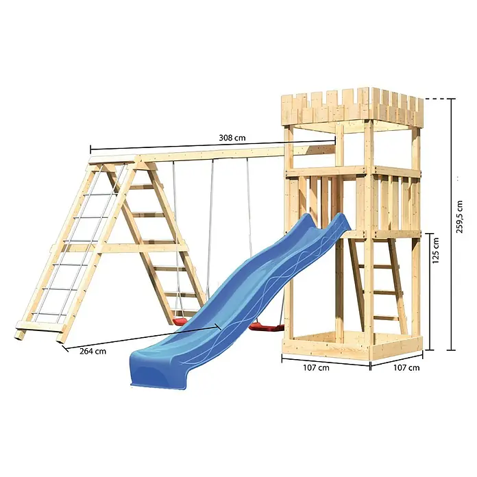 Karibu Kinderspielturm Ritterburg Löwenherz Set 11 - L x B x H: 264 x 415 x 259,5 cm, Natur/Blau - Holzspielplatz mit Schaukel, Rutsche und Turm mit den Massen 308cm breit, 264cm lang, 259,5cm hoch.