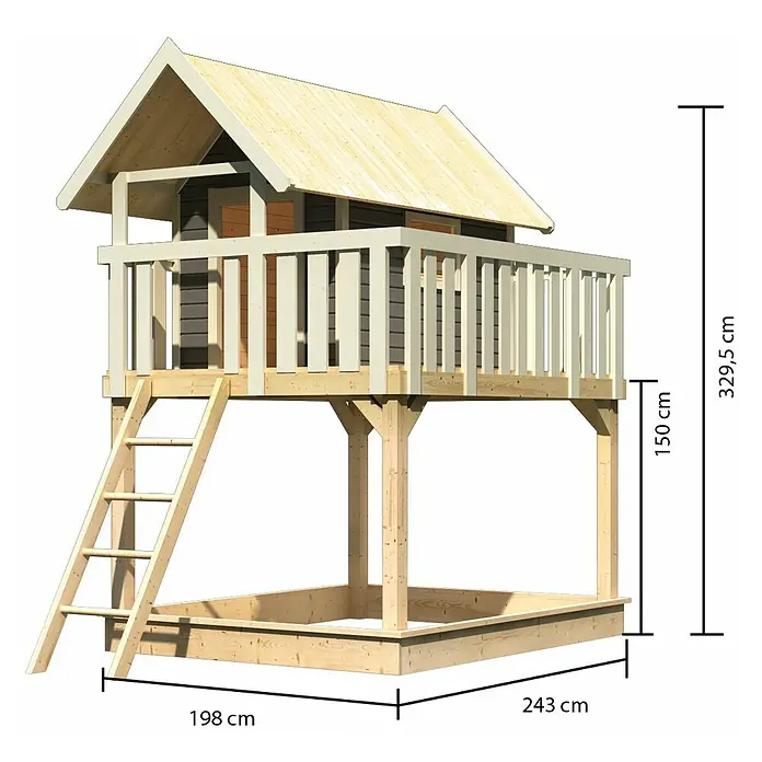 Karibu Kinderspielturm Fidel Set 2 - L x B x H: 243 x 198 x 329,5 cm, Natur - Illustration eines Spielhauses aus Holz mit Maßangaben zu dessen Abmessungen.\n