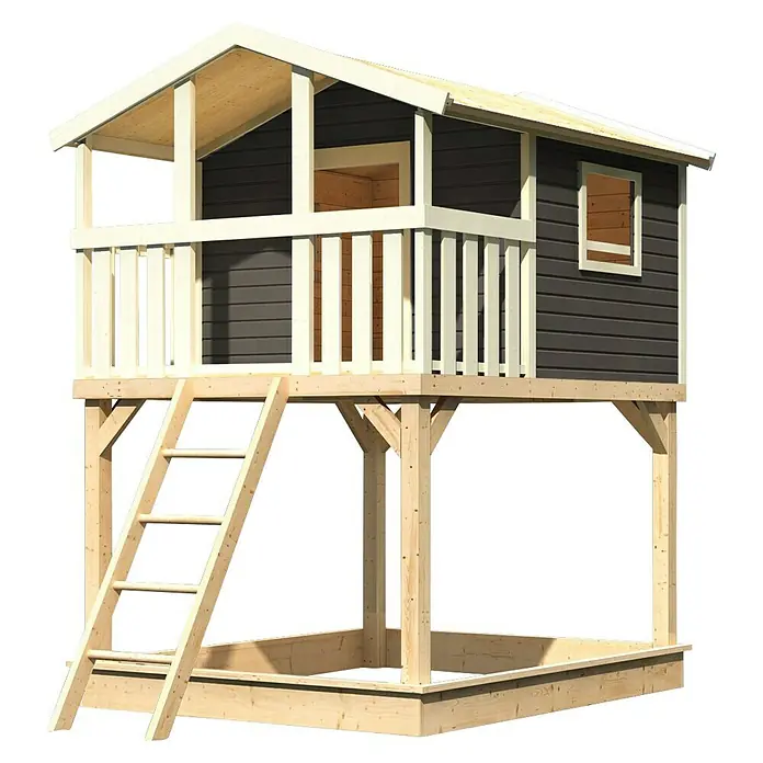 Karibu Spielhaus Benjamin Set 2 - L x B x H: 244 cm x 198 mm x 309 cm, Holz, Terragrau - Das Bild zeigt ein hölzernes Spielhaus mit Leiter und Sandkasten, ideal für den Garten.