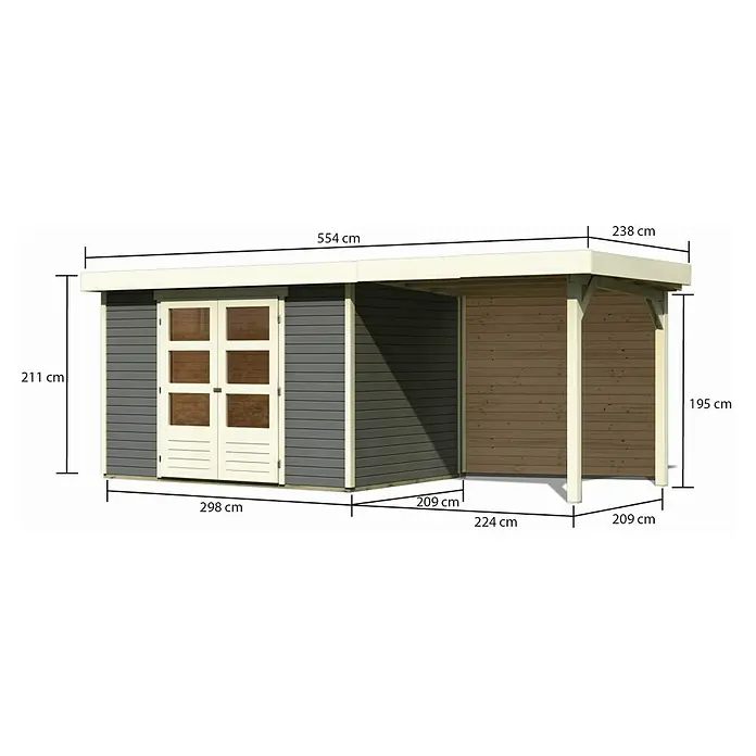 Karibu Gartenhaus Askola 4 - Außenmaß inkl. Dachüberstand (B x T): 554 x 238 cm, Holz, Terragrau, Mit Seitendach und Rückwand - Abbildung eines Gartenhauses mit den Maßangaben für Höhe, Breite und Länge in Zentimetern.