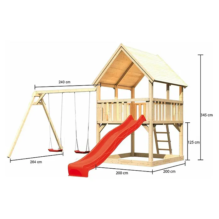 Karibu Kinderspielturm Luis Set 9 - L x B x H: 264 x 440 x 345 cm, Natur/Rot - Abbildung eines hölzernen Spielhauses mit Rutsche und Schaukel, inklusive Maßangaben.