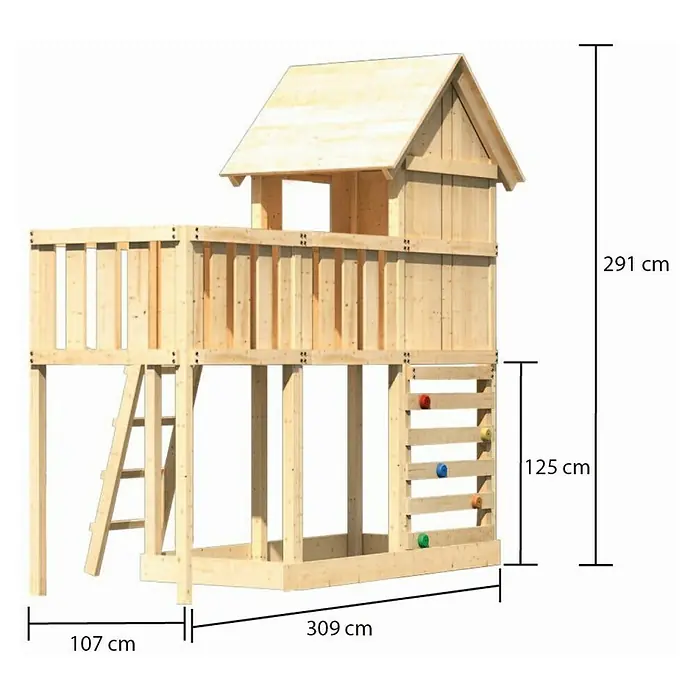 Karibu Kinderspielturm Frieda Set 26 - L x B x H: 107 x 309 x 291 cm, Natur - Bild einer Holzspielanlage mit den Maßen 309 cm Länge, 107 cm Breite und 291 cm Höhe.