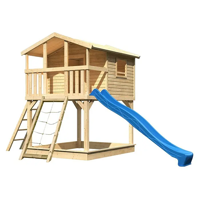 Karibu Spielhaus Benjamin Set 11 - L x B x H: 244 cm x 198 mm x 309 cm, Holz, Natur - Dieses Bild zeigt ein charmantes Holzspielhaus mit Rutsche, das zum fantasievollen Spielen im Freien einlädt. Perfekt für Kinder.