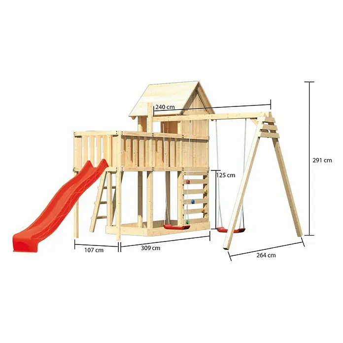 Karibu Kinderspielturm Frieda Set 52 - L x B x H: 264 x 347 x 291 cm, Natur - Bild eines Holzspielplatzes mit Rutsche, Schaukel und Kletterturm. Die Maße des Spielplatzes sind angegeben, er ist ideal für den Garten.