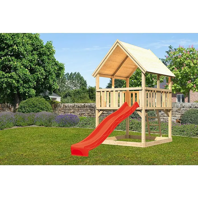 Karibu Kinderspielturm Luis Set 3 - L x B x H: 200 x 200 x 345 cm, Natur/Rot - Holzspielturm mit roter Rutsche im Garten, ideal für Kinder zum Spielen und Spaß haben.