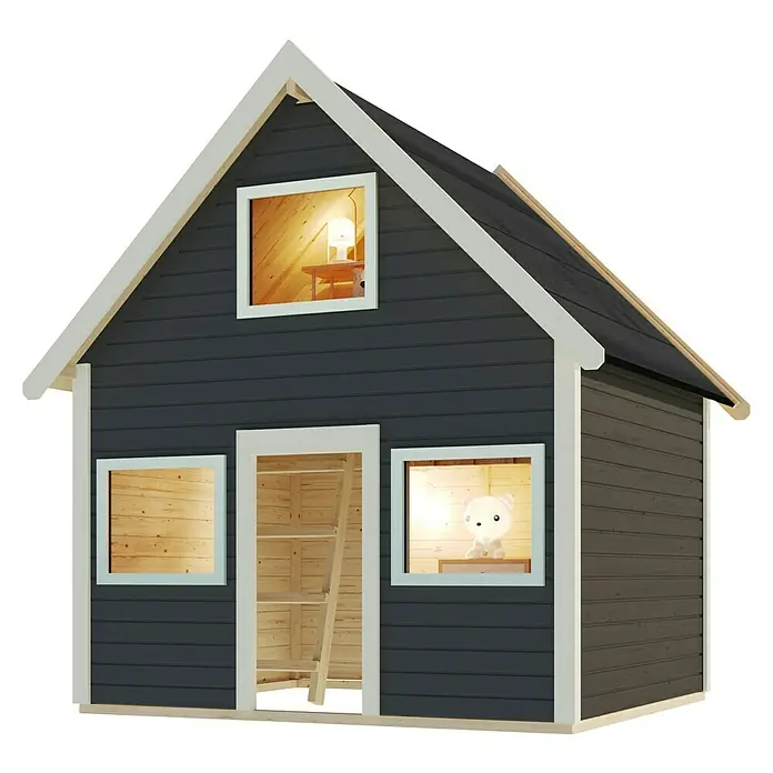 Karibu Spielhaus Kalle - L x B x H: 183,5 x 212,5 x 253 cm, Holz, Terragrau - Das graue Spielhaus mit weißem Rahmen und einer Leiter im Inneren. Ein Fenster zeigt einen Teddybär mit Licht.