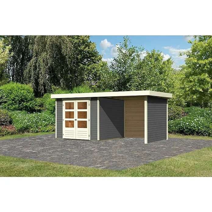 Karibu Gartenhaus Askola 3,5 - Außenmaß inkl. Dachüberstand (B x T): 491 x 262 cm, Holz, Terragrau, Mit Seitendach, Rück- und Seitenwand - Ein modernes Gartenhaus mit Doppeltür und offenem Lagerbereich. Ideal für die Aufbewahrung von Gartengeräten und -möbeln.