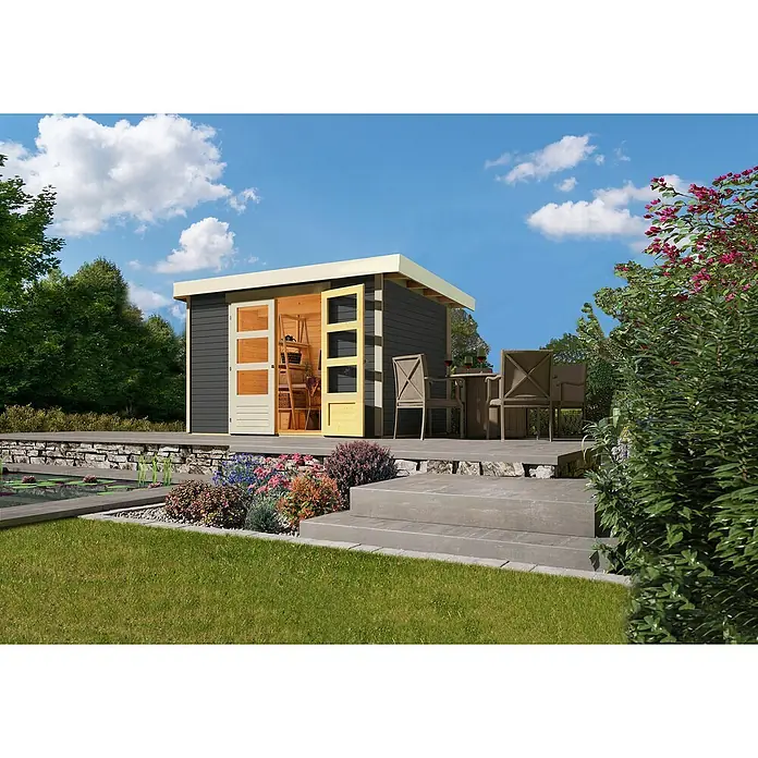 Karibu Gartenhaus Cuno 4 - Außenmaß inkl. Dachüberstand (B x T): 330 x 238 cm, Holz, Terragrau - Gartenhaus mit offen stehenden Türen, Tisch und Stühlen auf einer Terrasse mit Blumengarten und Teich für entspannte Stunden im Freien.