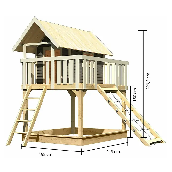 Karibu Kinderspielturm Fidel Set 8 - L x B x H: 243 x 198 x 329,5 cm, Terragrau - Ansicht eines Spielhauses aus Holz mit Sandkasten, Leiter und Kletternetz. Das Spielhaus bietet Spielspaß im Garten.