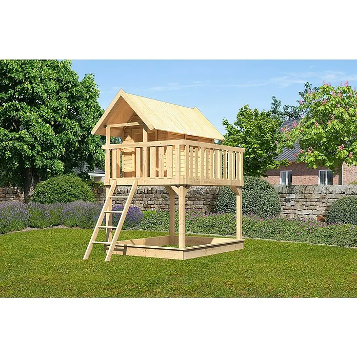 Karibu Kinderspielturm Fidel Set 1 - L x B x H: 243 x 198 x 329,5 cm, Natur - Ein hölzernes Spielhaus mit Leiter und Sandkasten im Garten, ideal für Kinder zum Spielen und Entdecken im Freien.