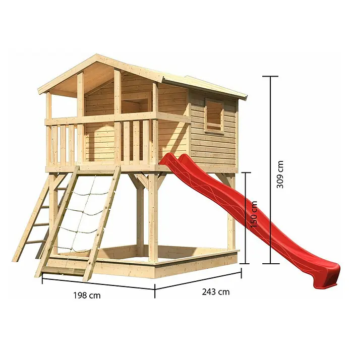 Karibu Spielhaus Benjamin Set 12 - L x B x H: 244 cm x 198 mm x 309 cm, Holz, Natur - Abbildung eines hölzernen Spielhauses für Kinder mit Rutsche, Kletterwand und Sandkasten, mit Größenangaben in cm.