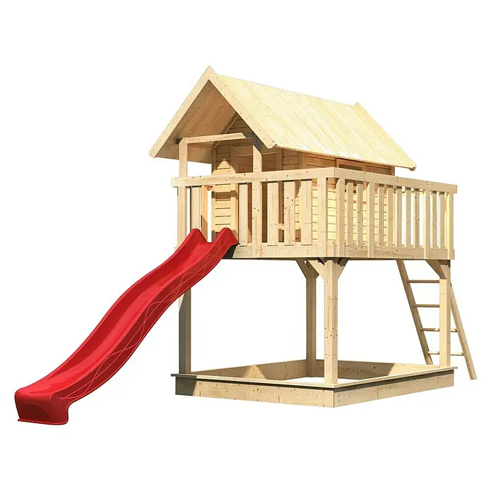 Karibu Kinderspielturm Fidel Set 4 - L x B x H: 243 x 198 x 329,5 cm, Natur/Rot - Holzspielhaus mit Rutsche und Sandkasten für Kinder zum Spielen und Spaß haben im Garten.