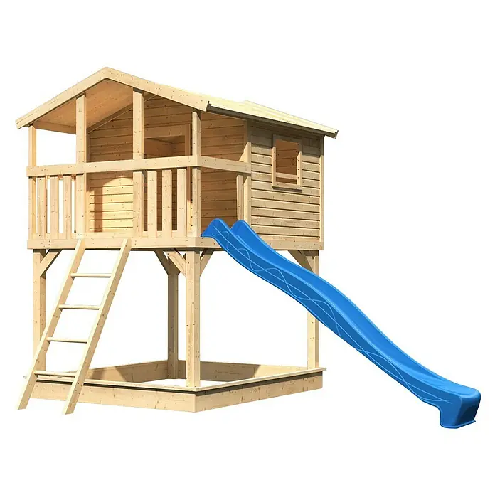 Karibu Spielhaus Benjamin Set 3 - L x B x H: 244 cm x 198 mm x 309 cm, Holz, Natur - Hölzernes Spielhaus mit Rutsche und Sandkasten für Kinder zum Spielen im Garten.