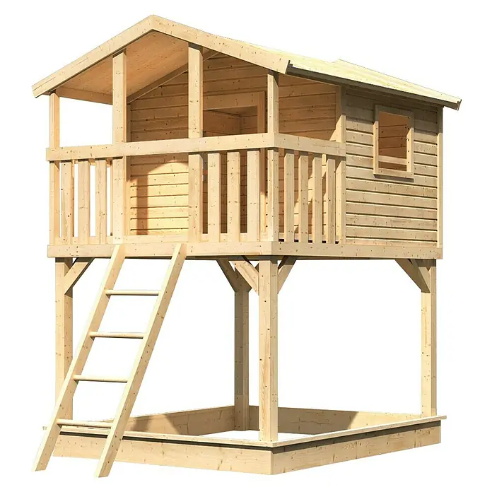 Karibu Spielhaus Benjamit Set 1 - L x B x H: 244 cm x 198 mm x 309 cm, Holz, Natur - Holzspielhaus mit Leiter, erhöht auf Stelzen mit einem Sandkastenbereich darunter, ideal für Kinder zum Spielen und Entdecken.