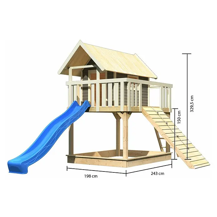 Karibu Kinderspielturm Fidel Set 17 - L x B x H: 243 x 198 x 329,5 cm, Terragrau/Blau - Abbildung eines Spielhauses aus Holz mit Rutsche, Leiter und Sandkasten, mit Größenangaben versehen.