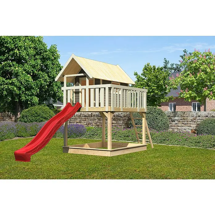 Karibu Kinderspielturm Fidel Set 6 - L x B x H: 243 x 198 x 329,5 cm, Terragrau /Rot - Abenteuerlicher Spielplatz mit Rutsche und Sandkasten im Garten.