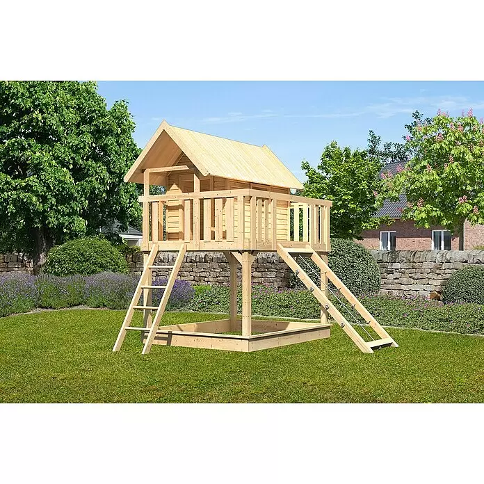 Karibu Kinderspielturm Fidel Set 7 - L x B x H: 243 x 198 x 329,5 cm, Natur - Spielhaus aus Holz mit Plattform, Leiter, Kletternetz und integriertem Sandkasten.