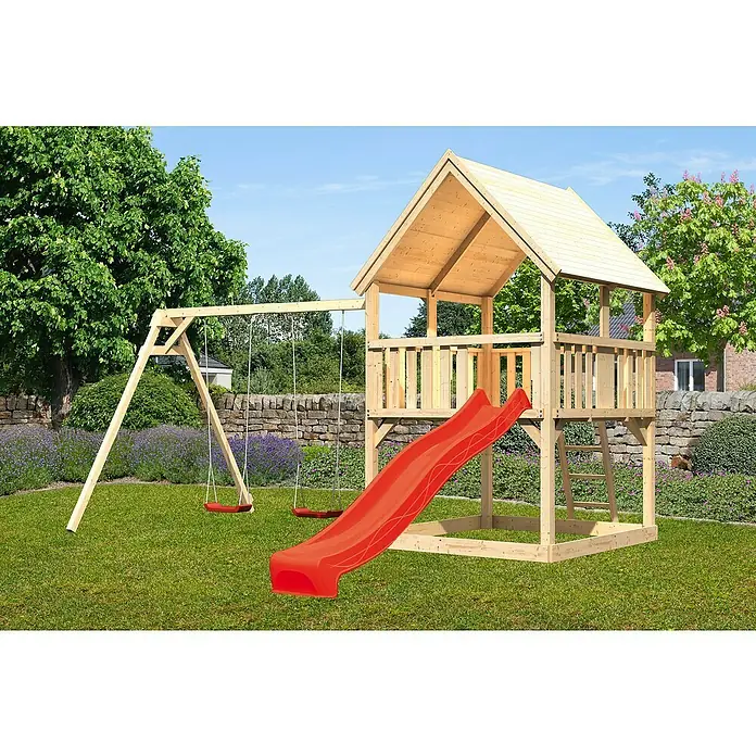 Karibu Kinderspielturm Luis Set 9 - L x B x H: 264 x 440 x 345 cm, Natur/Rot - Ein farbenfroher Spielturm mit Rutsche und Schaukelset, perfekt für stundenlangen Spaß im Garten.