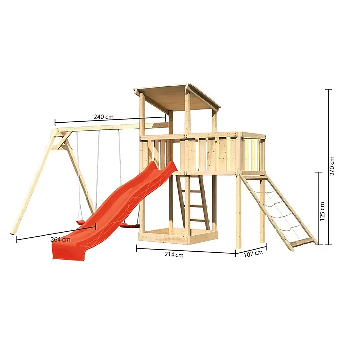 Karibu Kinderspielturm Anna Set 48 - L x B x H: 264 x 347 x 270 cm, Natur - Abbildung eines Spielturms mit Schaukel, Rutsche und Kletterleiter, ideal für stundenlangen Spielspaß im Freien.