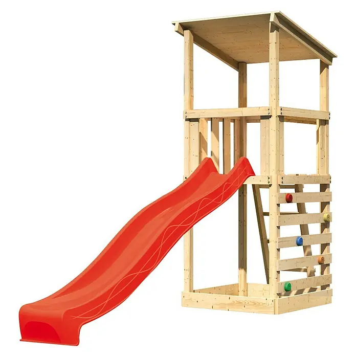 Karibu Kinderspielturm Anna Set 18 - L x B x H: 107 x 107 x 270 cm, Natur - Abenteuerlicher Spielturm mit Rutsche und Kletterwand für Kinder. Das Holzspielhaus bietet stundenlangen Spaß im Garten.