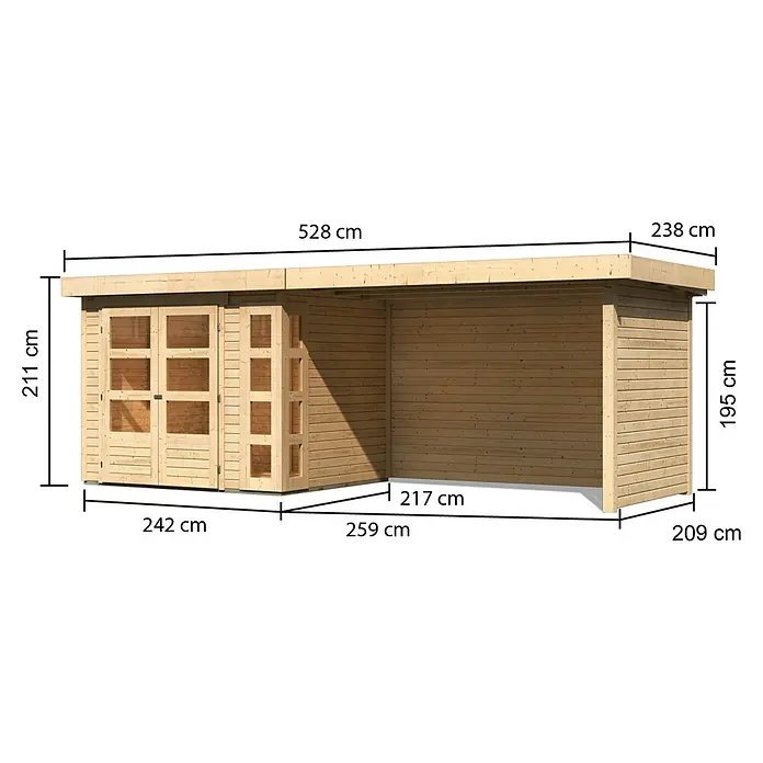 Karibu Gartenhaus Kerko 3 - Außenmaß inkl. Dachüberstand (B x T): 528,5 x 238 cm, Holz, Natur, Mit Seitendach, Rück- und Seitenwand - Abbildung eines Gartenhauses aus Holz mit detaillierten Maßangaben, ideal für die Gartenlagerung.