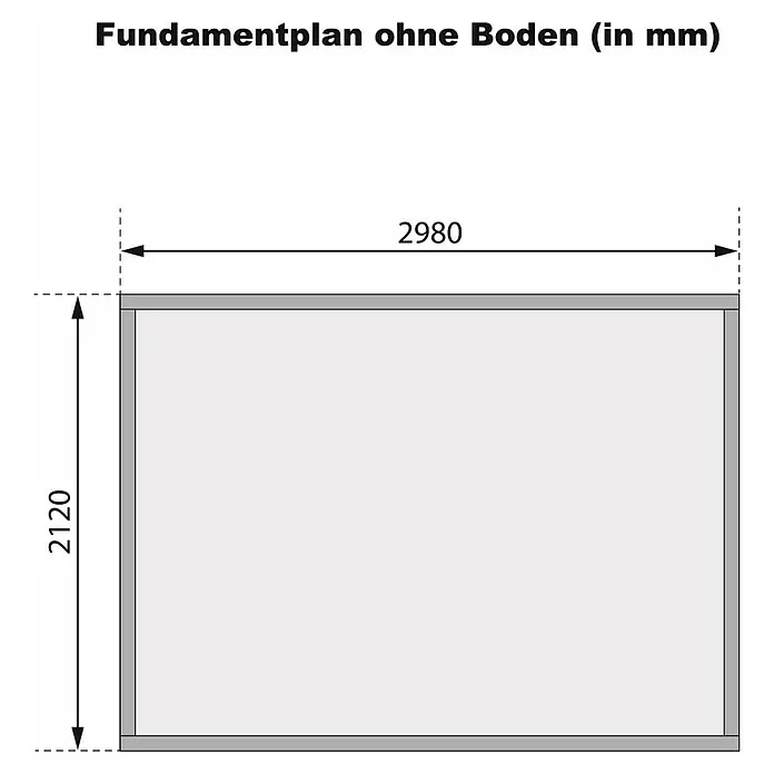 Karibu Gartenhaus Cuno 4 - Außenmaß inkl. Dachüberstand (B x T): 330 x 238 cm, Holz, Terragrau - Fundamentplan ohne Boden (in mm): Rechteckiger Fundamentplan mit den Maßen 2980 mm Breite und 2120 mm Höhe.