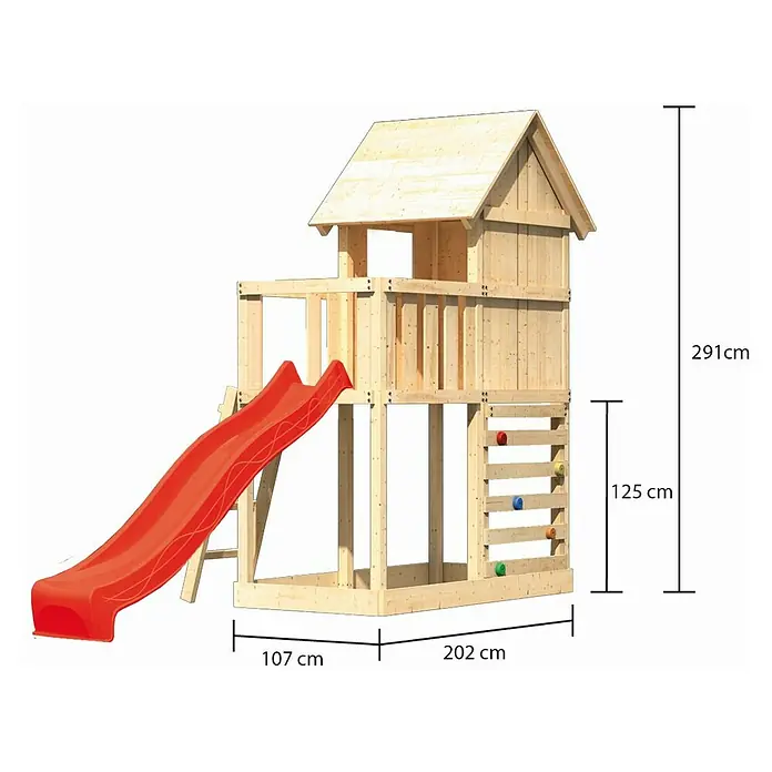 Karibu Kinderspielturm Frieda Set 18 - L x B x H: 107 x 202 x 291 cm, Natur - Abbildung eines Spielturms aus Holz mit roter Rutsche und Kletterwand, ideal für den Garten und stundenlangen Spielspaß.