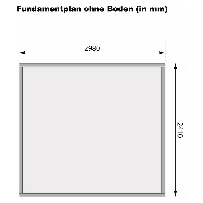 Karibu Gartenhaus Kerko 5 - Außenmaß inkl. Dachüberstand (B x T): 329 x 262 cm, Holz, Natur - Fundamentplan ohne Boden (in mm): Ein detaillierter Plan zeigt die Abmessungen des Fundaments, wobei die Länge 2980 mm und die Breite 2410 mm beträgt.