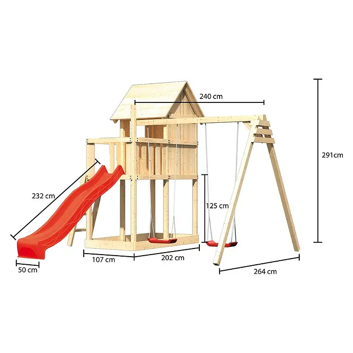 Karibu Kinderspielturm Frieda Set 28 - L x B x H: 264 x 347 x 291 cm, Natur - Ansicht einer Holzschaukel mit Rutsche und den dazugehörigen Maßen, die auf dem Bild dargestellt sind.