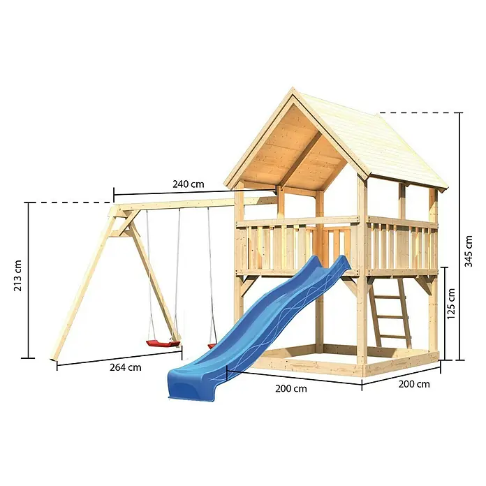Karibu Kinderspielturm Luis Set 8 - L x B x H: 264 x 440 x 345 cm, Natur/Blau - Bild eines Spielturms aus Holz mit Schaukel, Rutsche und Leiter, versehen mit Maßangaben der Höhe, Länge und Breite.