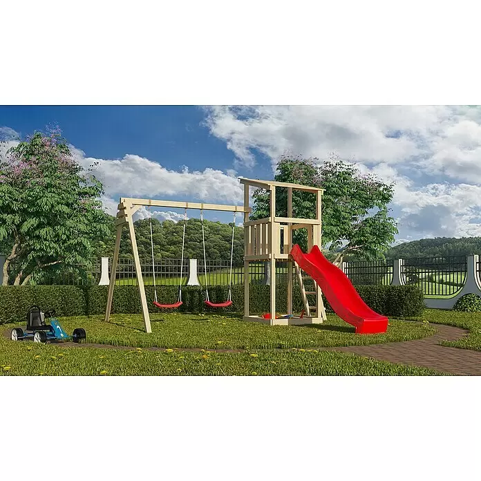 Karibu Kinderspielturm Anna Set 10 - L x B x H: 264 x 347 x 270 cm, Natur - Spielplatz aus Holz mit roter Rutsche und zwei roten Schaukeln in einem grünen Garten mit blauem Tretkart.