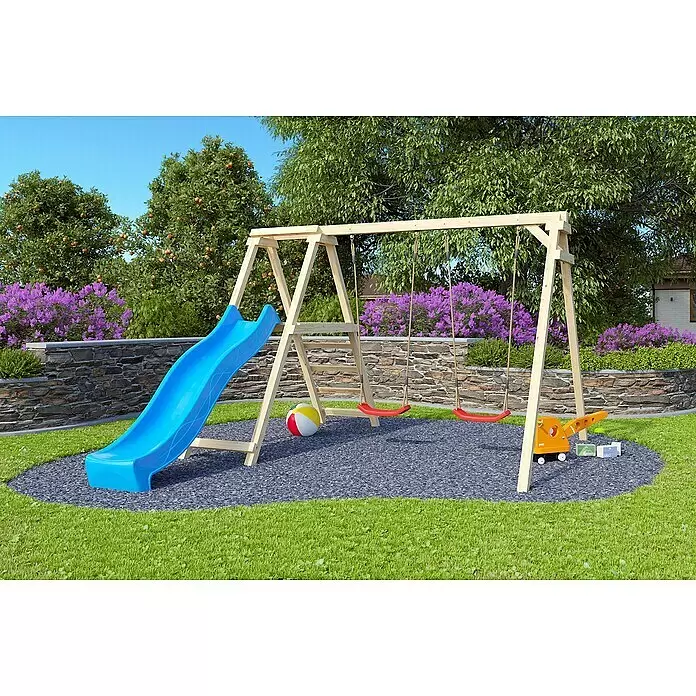 Karibu Doppelschaukel FelixL x B x H: 264 x 308 x 213 cm, Schaukel mit Klettergerüst & Rutsche blau