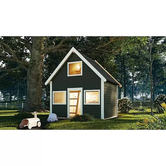 Karibu Spielhaus Kalle - L x B x H: 183,5 x 212,5 x 253 cm, Holz, Terragrau - Dunkelgraues Holz-Spielhaus mit weißem Rahmen und schwarzem Dach im Garten. Innenbeleuchtung leuchtet, Spielzeug ist draußen sichtbar.