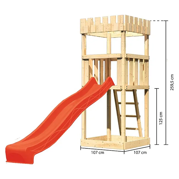 Karibu Kinderspielturm Ritterburg Löwenherz Set 3 - L x B x H: 107 x 107 x 259,5 cm, Natur - Bild eines dreistöckigen Spielturms aus Holz mit roter Rutsche und Höhenangaben.