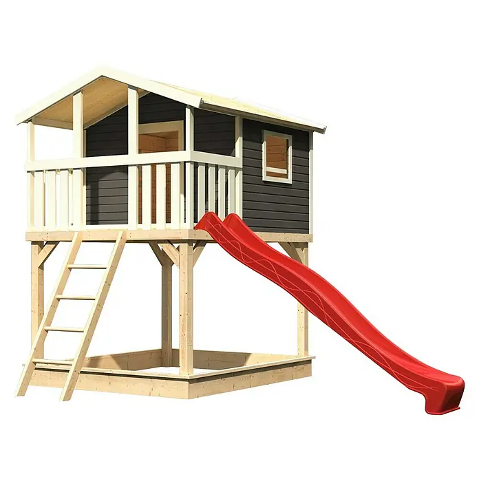 Karibu Spielhaus - L x B x H: 244 cm x 198 mm x 309 cm, Holz, Terragrau, Mit Rutsche & Leiter - Bild eines hölzernen Spielhauses mit Rutsche und Sandkasten, ideal für Kinder zum Spielen im Garten.