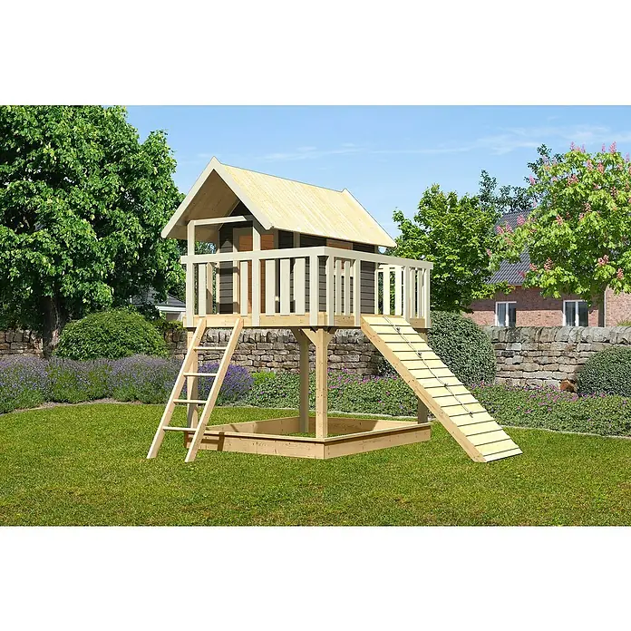 Karibu Kinderspielturm Fidel Set 10 - L x B x H: 243 x 198 x 329,5 cm, Terragrau - Ein geräumiges Spielhaus mit Leiter und Rutsche, perfekt für den Garten. Der Sandkasten darunter bietet zusätzlichen Spielwert.