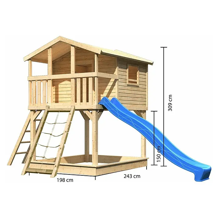 Karibu Spielhaus Benjamin Set 11 - L x B x H: 244 cm x 198 mm x 309 cm, Holz, Natur - Abbildung eines Holzspielhauses mit Rutsche und den Maßen 198 cm x 243 cm x 309 cm.